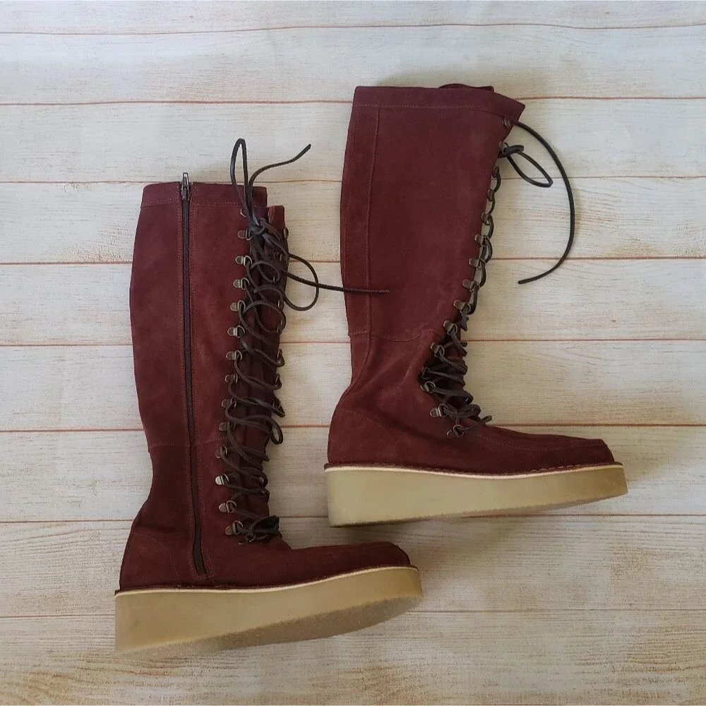 Free People Ava Suede Tall Lace-up Wedge Boot Moccasin Inspired Round Toe 39